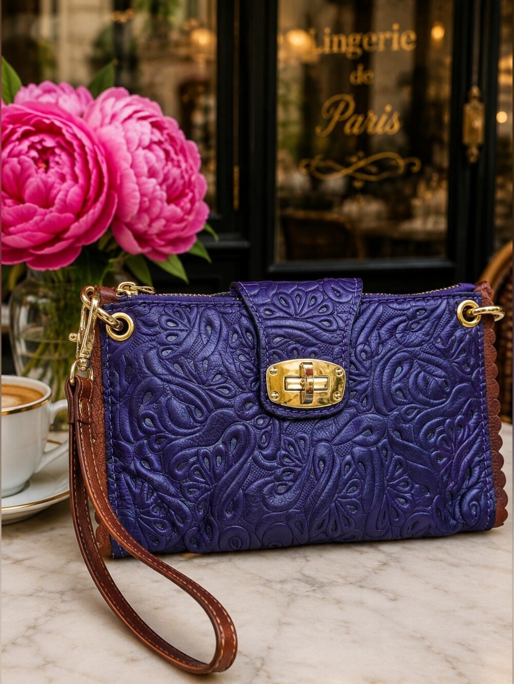 MADE IN ITALY Purple Periwinkel Embossed Leather Crossbody Bag / Wallet